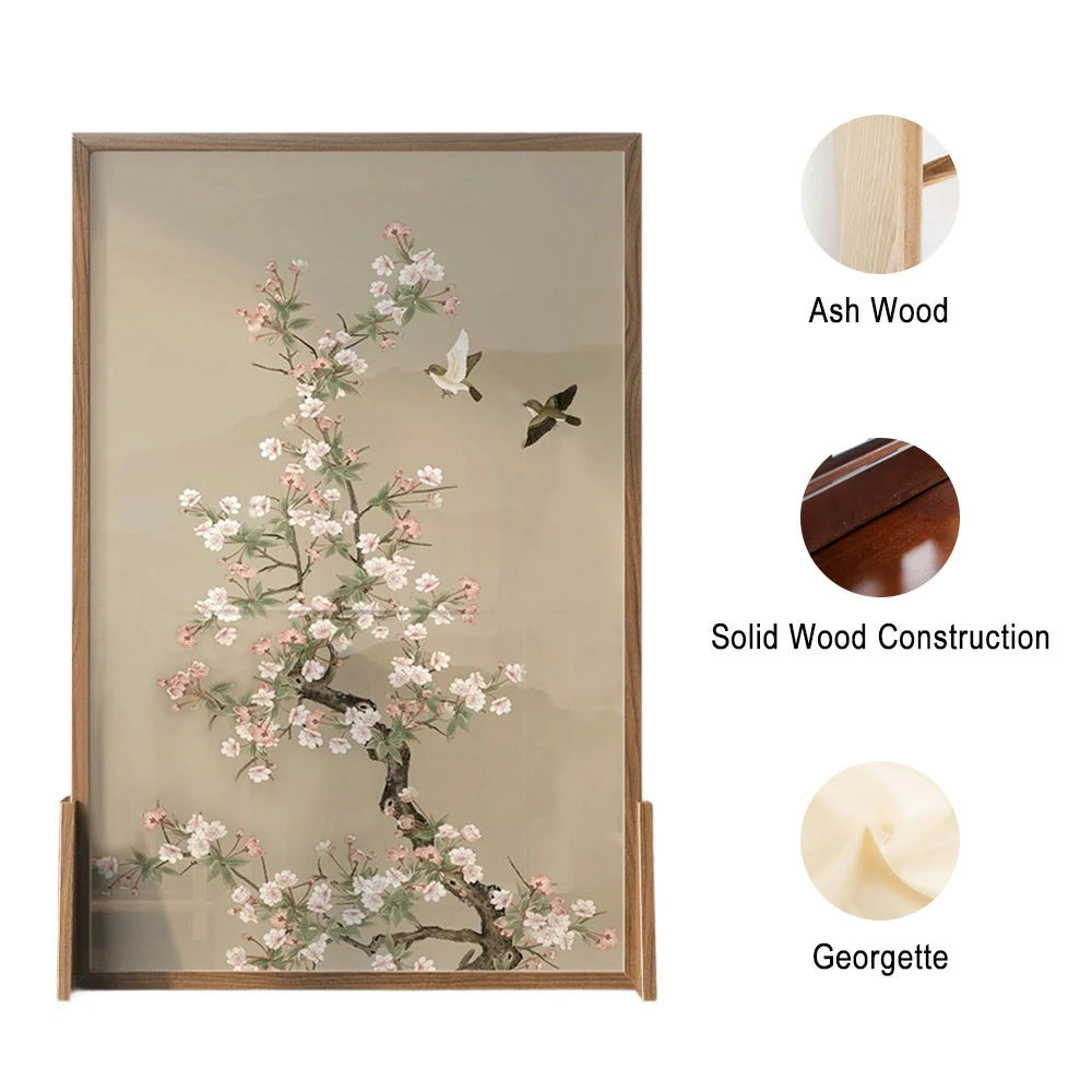 LIVARA Asian Style Solid Wood Room Divider, Floral & Bird Design, No Cutout, Ash Wood & Mongolian Pine Frame, Elegant Home Decor