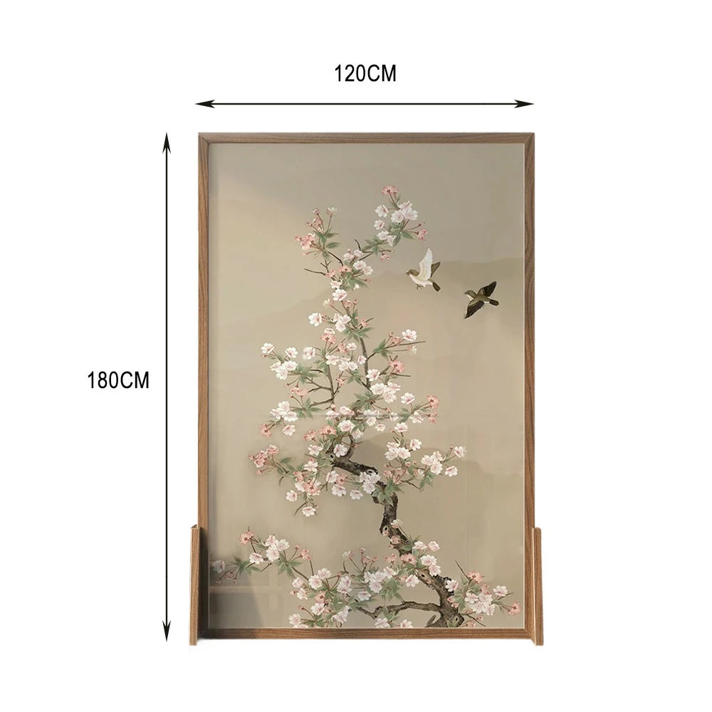 LIVARA Asian Style Solid Wood Room Divider, Floral & Bird Design, No Cutout, Ash Wood & Mongolian Pine Frame, Elegant Home Decor