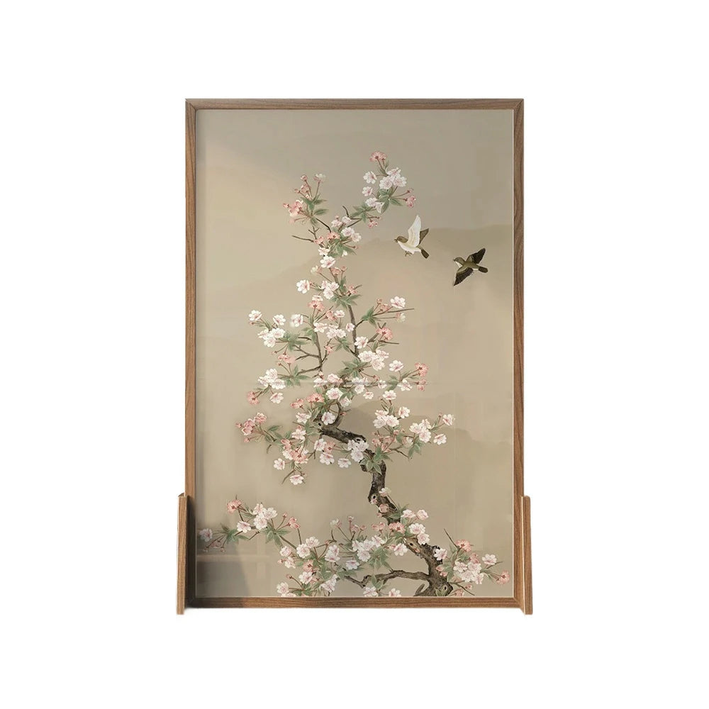 LIVARA Asian Style Solid Wood Room Divider, Floral & Bird Design, No Cutout, Ash Wood & Mongolian Pine Frame, Elegant Home Decor