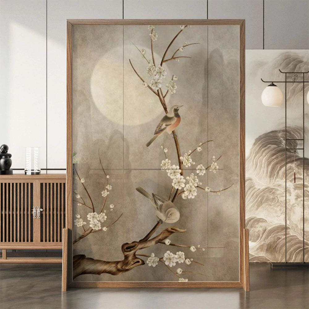 LIVARA Asian Style Solid Wood Room Divider, Moonlit Floral & Bird Design, Ash & Mongolian Pine Frame