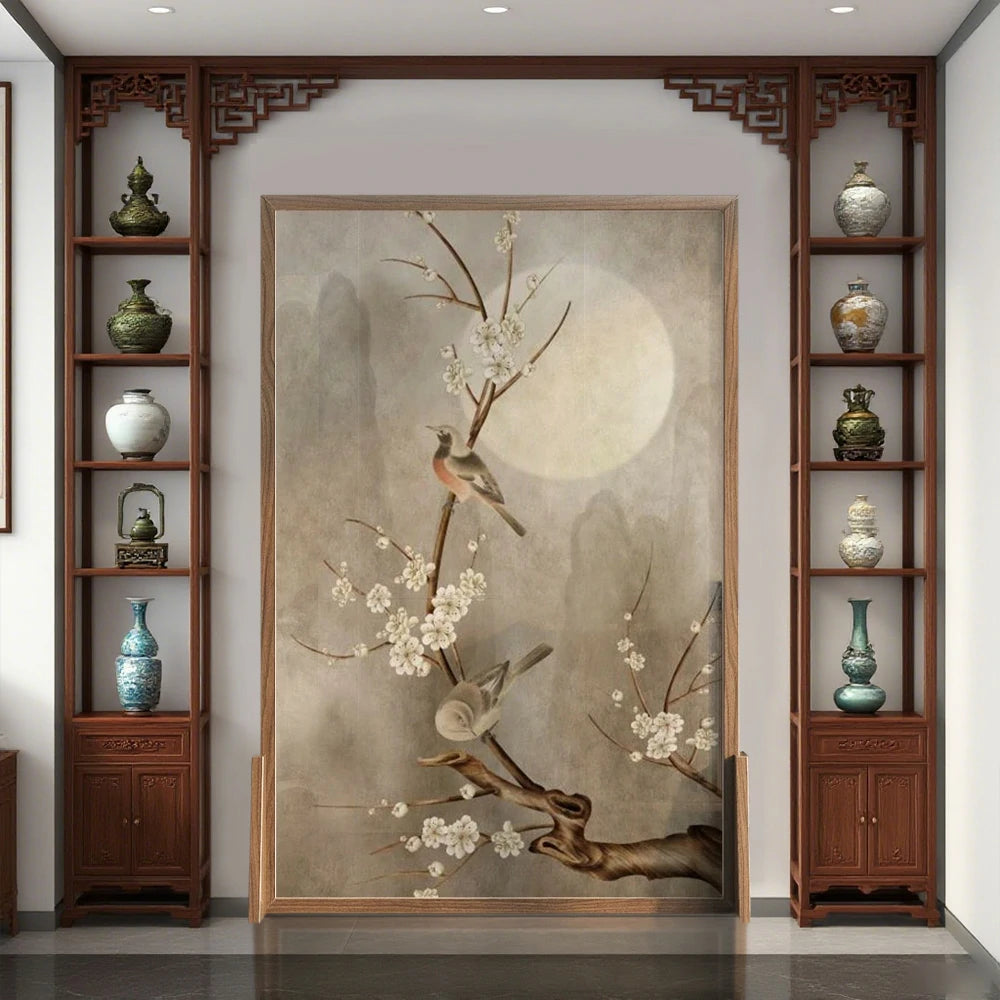 LIVARA Asian Style Solid Wood Room Divider, Moonlit Floral & Bird Design, Ash & Mongolian Pine Frame