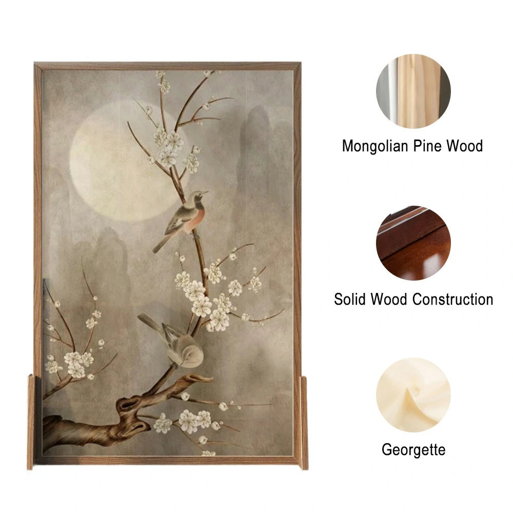 LIVARA Asian Style Solid Wood Room Divider, Moonlit Floral & Bird Design, Ash & Mongolian Pine Frame