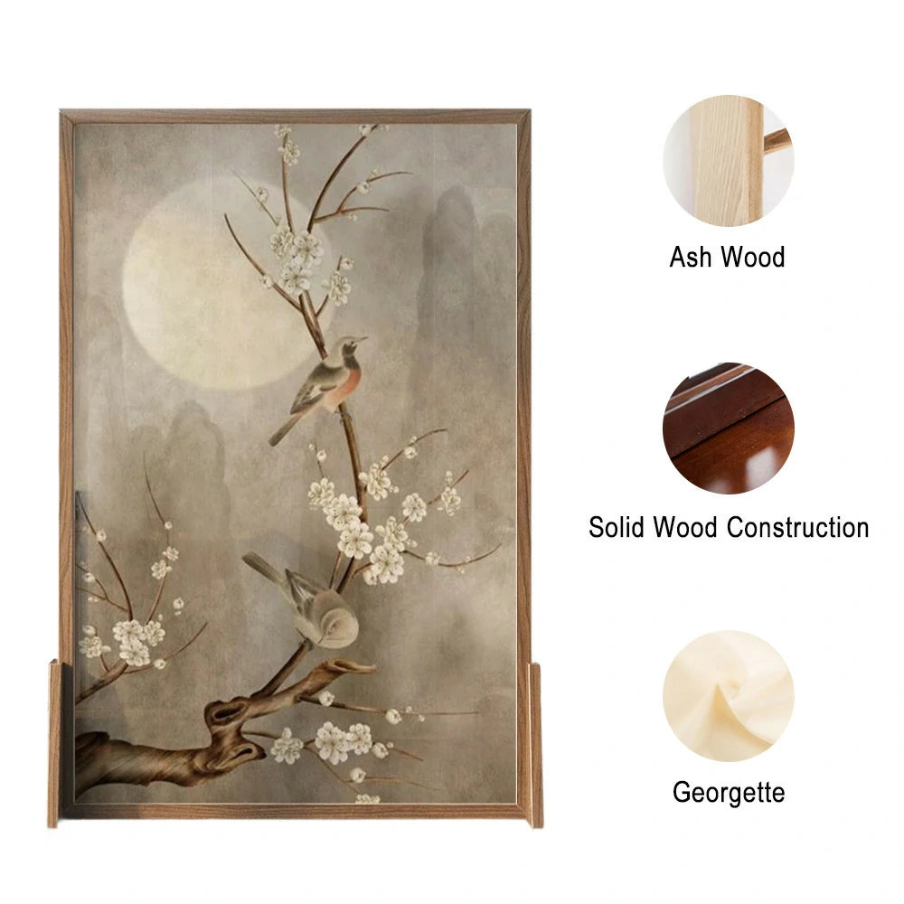 LIVARA Asian Style Solid Wood Room Divider, Moonlit Floral & Bird Design, Ash & Mongolian Pine Frame