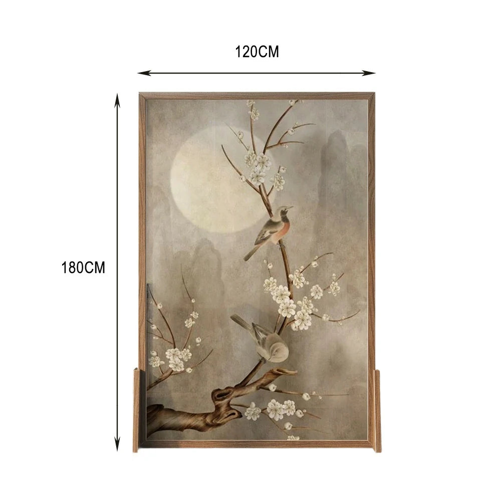 LIVARA Asian Style Solid Wood Room Divider, Moonlit Floral & Bird Design, Ash & Mongolian Pine Frame