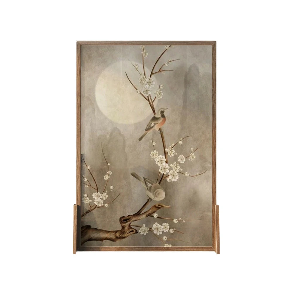 LIVARA Asian Style Solid Wood Room Divider, Moonlit Floral & Bird Design, Ash & Mongolian Pine Frame