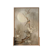 LIVARA Asian Style Solid Wood Room Divider, Moonlit Floral & Bird Design, Ash & Mongolian Pine Frame