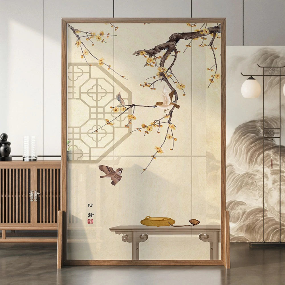 LIVARA Oriental Style Solid Wood Room Divider, Plum Blossom & Bird Design, Ash & Mongolian Pine Frame