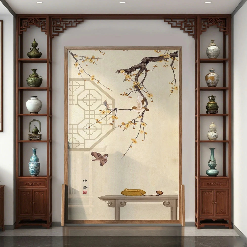 LIVARA Oriental Style Solid Wood Room Divider, Plum Blossom & Bird Design, Ash & Mongolian Pine Frame