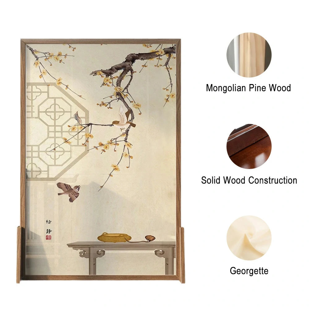 LIVARA Oriental Style Solid Wood Room Divider, Plum Blossom & Bird Design, Ash & Mongolian Pine Frame