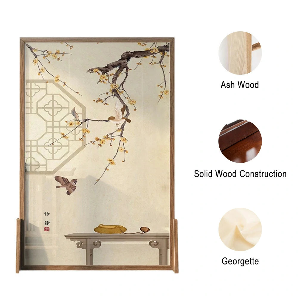 LIVARA Oriental Style Solid Wood Room Divider, Plum Blossom & Bird Design, Ash & Mongolian Pine Frame