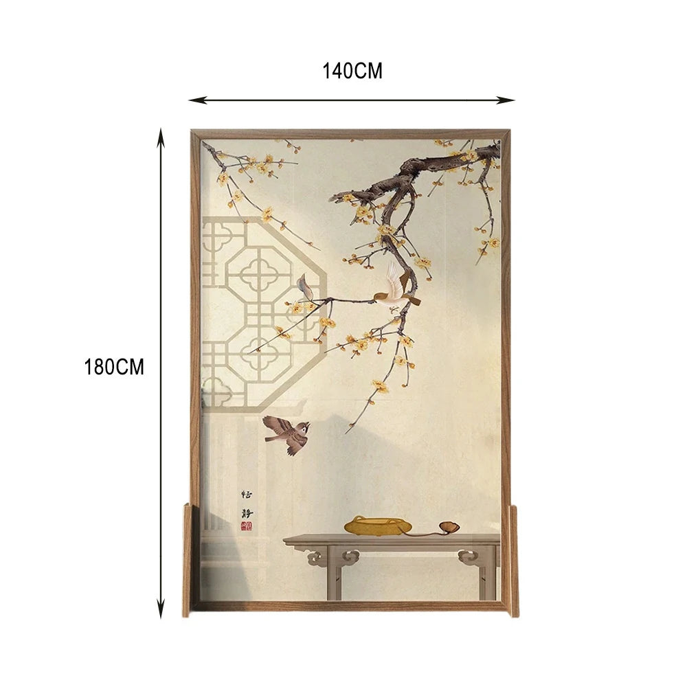LIVARA Oriental Style Solid Wood Room Divider, Plum Blossom & Bird Design, Ash & Mongolian Pine Frame