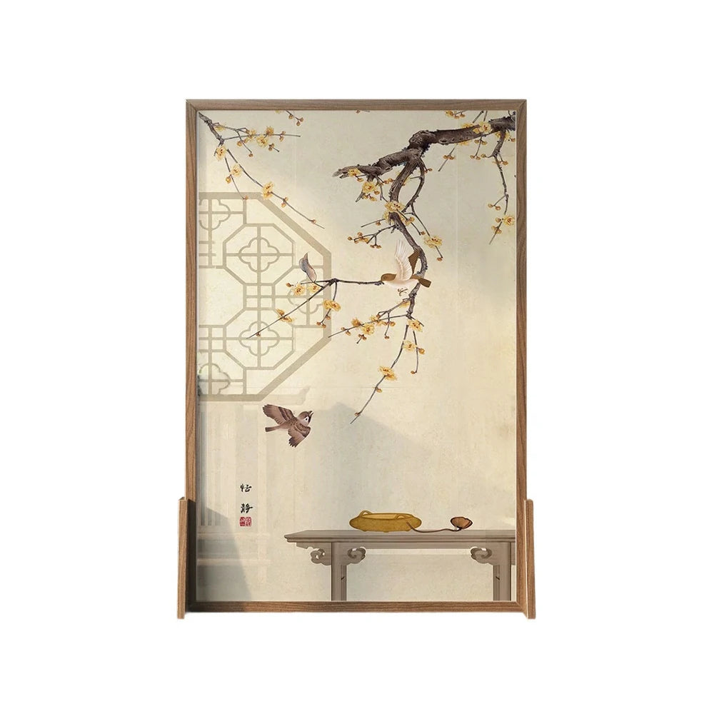 LIVARA Oriental Style Solid Wood Room Divider, Plum Blossom & Bird Design, Ash & Mongolian Pine Frame