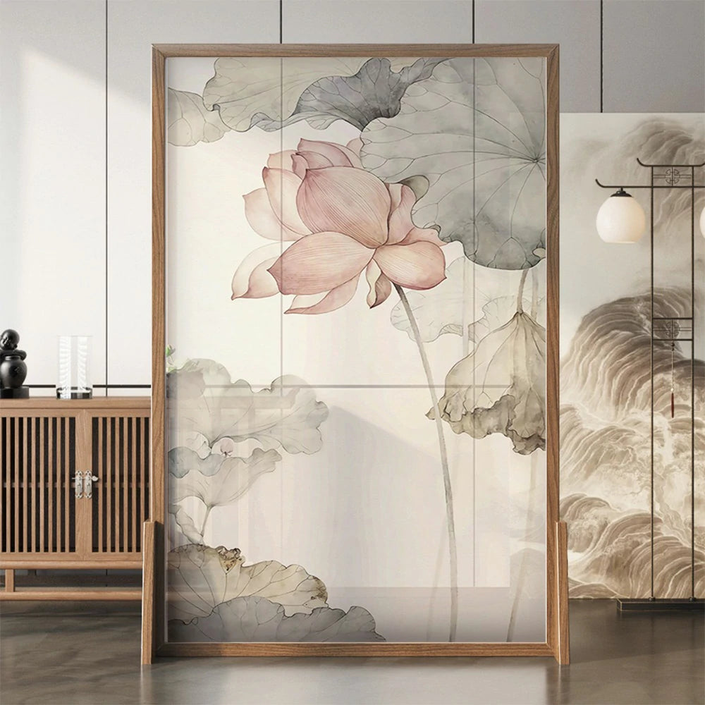 LIVARA Asian Style Solid Wood Room Divider, Lotus Flower Design, No Cutout, Ash Wood & Mongolian Pine Wood