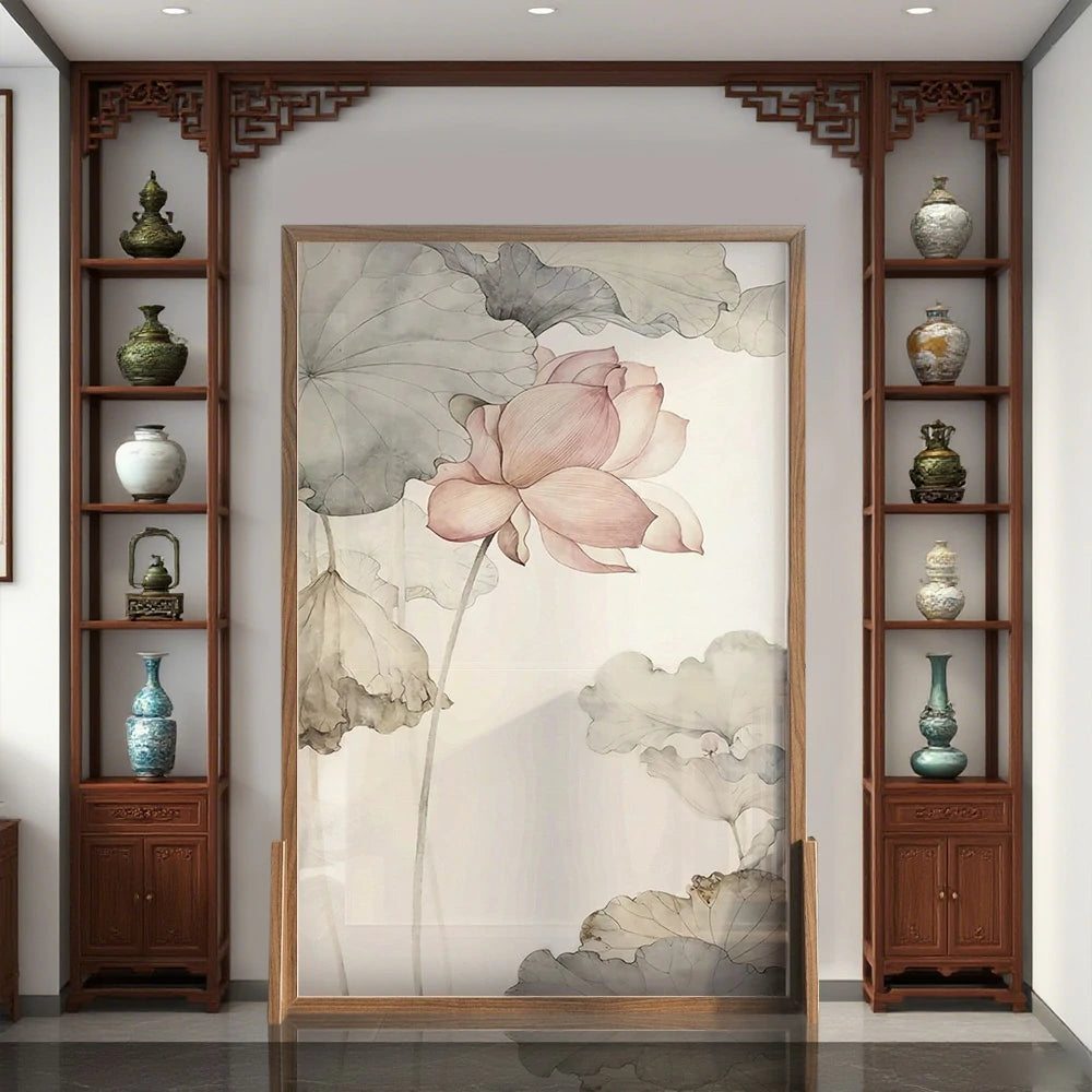 LIVARA Asian Style Solid Wood Room Divider, Lotus Flower Design, No Cutout, Ash Wood & Mongolian Pine Wood