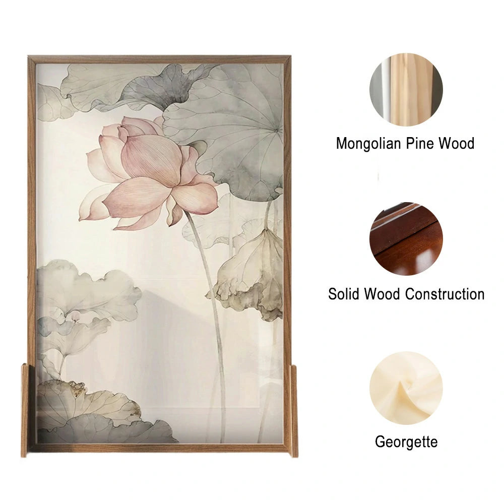 LIVARA Asian Style Solid Wood Room Divider, Lotus Flower Design, No Cutout, Ash Wood & Mongolian Pine Wood