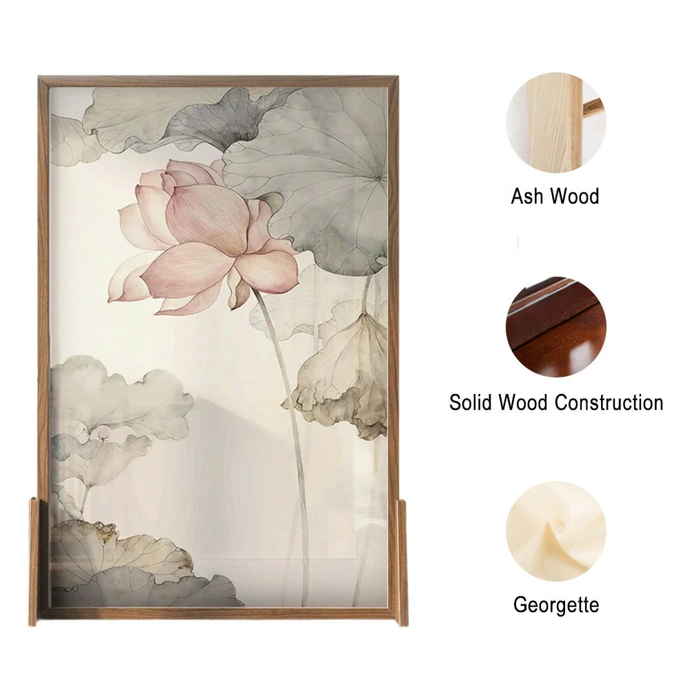 LIVARA Asian Style Solid Wood Room Divider, Lotus Flower Design, No Cutout, Ash Wood & Mongolian Pine Wood