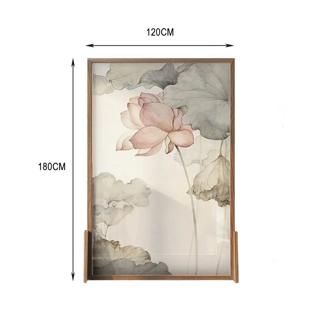 LIVARA Asian Style Solid Wood Room Divider, Lotus Flower Design, No Cutout, Ash Wood & Mongolian Pine Wood