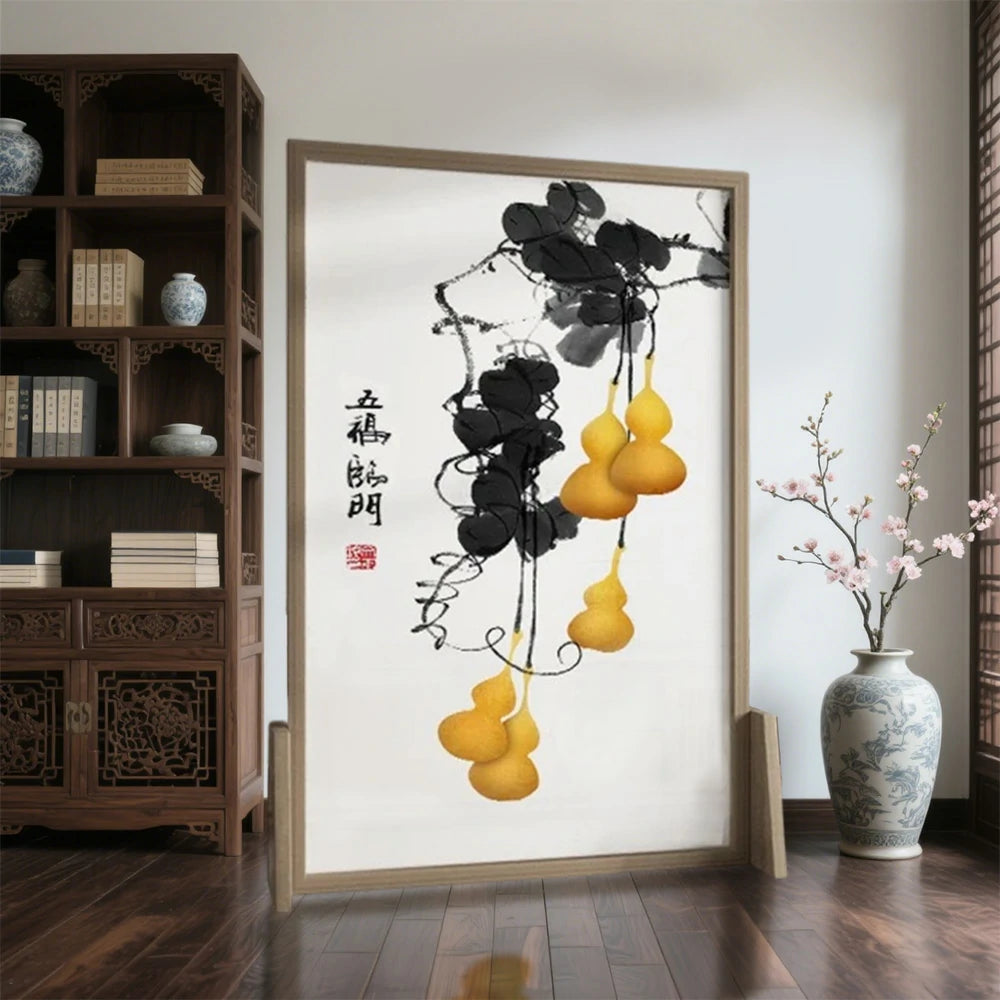 LIVARA Calabash Pattern Screen Made Of Solid Wood White Wax Wood And Mongolian Pine With An Eastern Style Home Decoration