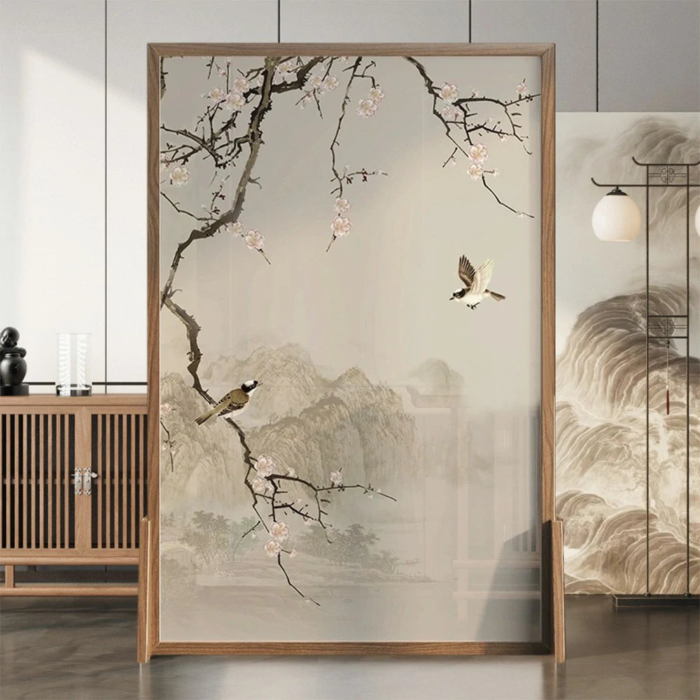 LIVARA Oriental Solid Wood Room Divider, Landscape & Plum Blossom Design, No Cutout, Ash & Mongolian Pine Frame