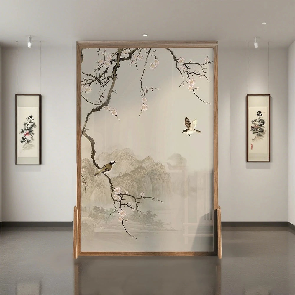 LIVARA Oriental Solid Wood Room Divider, Landscape & Plum Blossom Design, No Cutout, Ash & Mongolian Pine Frame