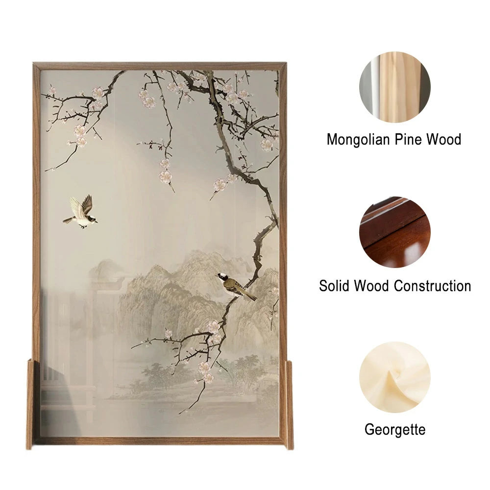 LIVARA Oriental Solid Wood Room Divider, Landscape & Plum Blossom Design, No Cutout, Ash & Mongolian Pine Frame