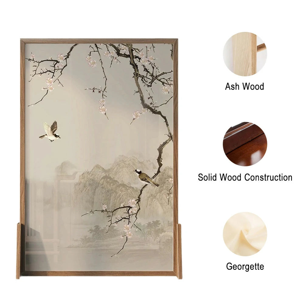 LIVARA Oriental Solid Wood Room Divider, Landscape & Plum Blossom Design, No Cutout, Ash & Mongolian Pine Frame
