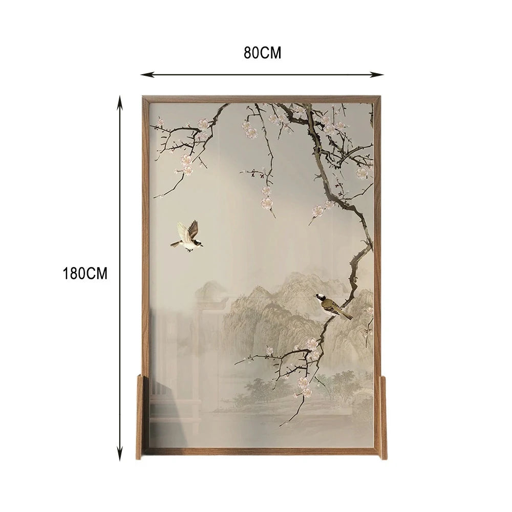 LIVARA Oriental Solid Wood Room Divider, Landscape & Plum Blossom Design, No Cutout, Ash & Mongolian Pine Frame