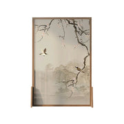 LIVARA Oriental Solid Wood Room Divider, Landscape & Plum Blossom Design, No Cutout, Ash & Mongolian Pine Frame