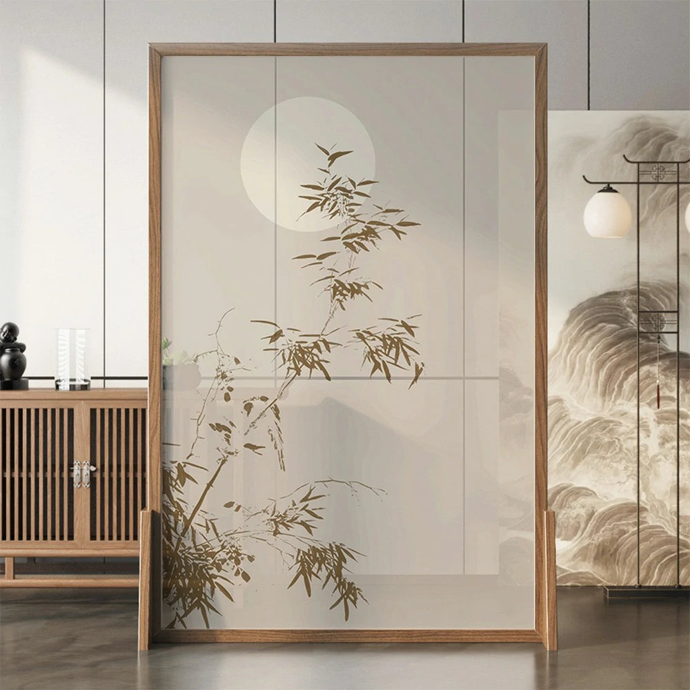 LIVARA Asian Style Solid Wood Privacy Screen, Moonlit Bamboo Shadow Design, No Cutout, Ash & Mongolian Pine Frame