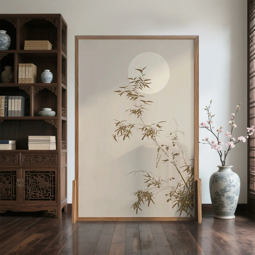 LIVARA Asian Style Solid Wood Privacy Screen, Moonlit Bamboo Shadow Design, No Cutout, Ash & Mongolian Pine Frame
