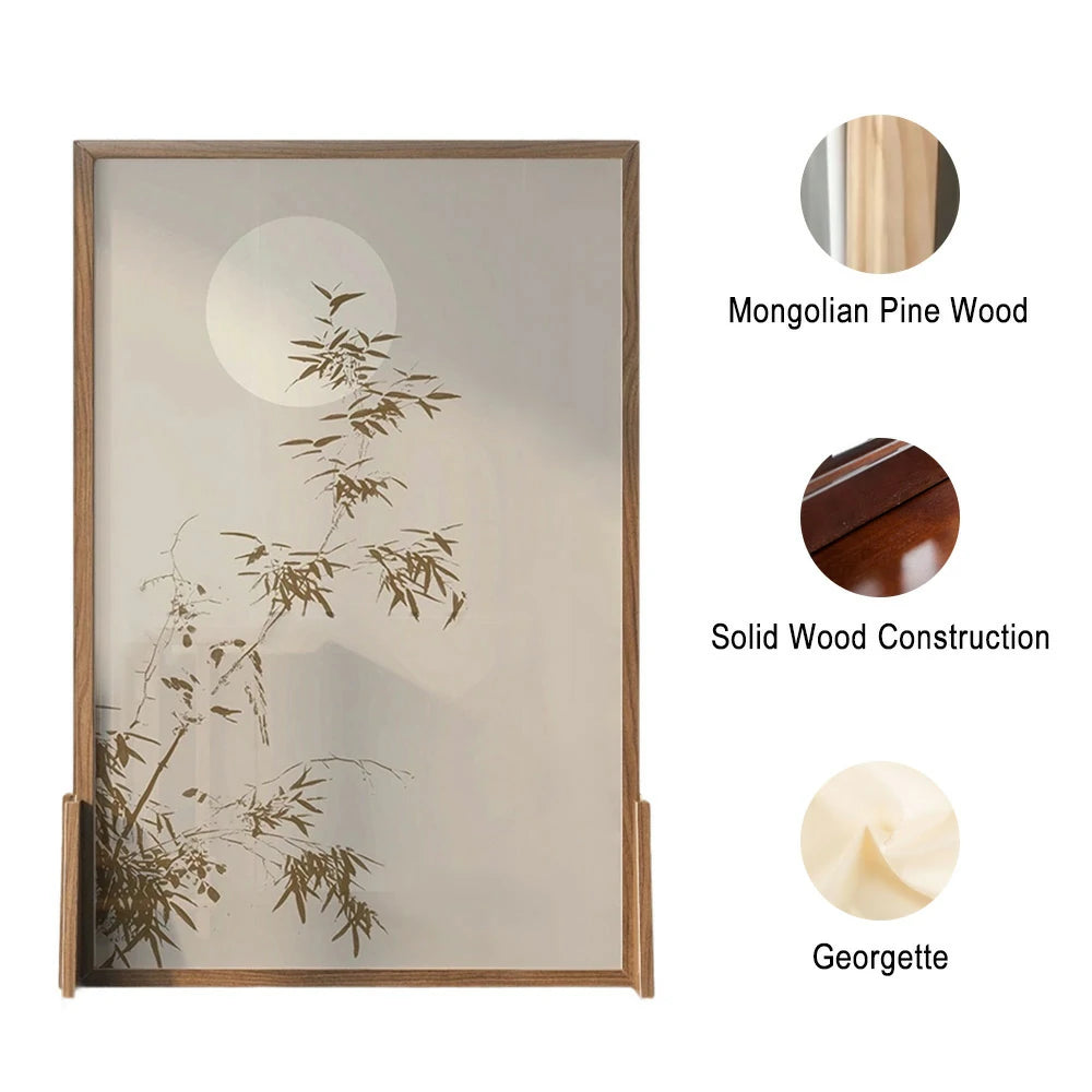LIVARA Asian Style Solid Wood Privacy Screen, Moonlit Bamboo Shadow Design, No Cutout, Ash & Mongolian Pine Frame