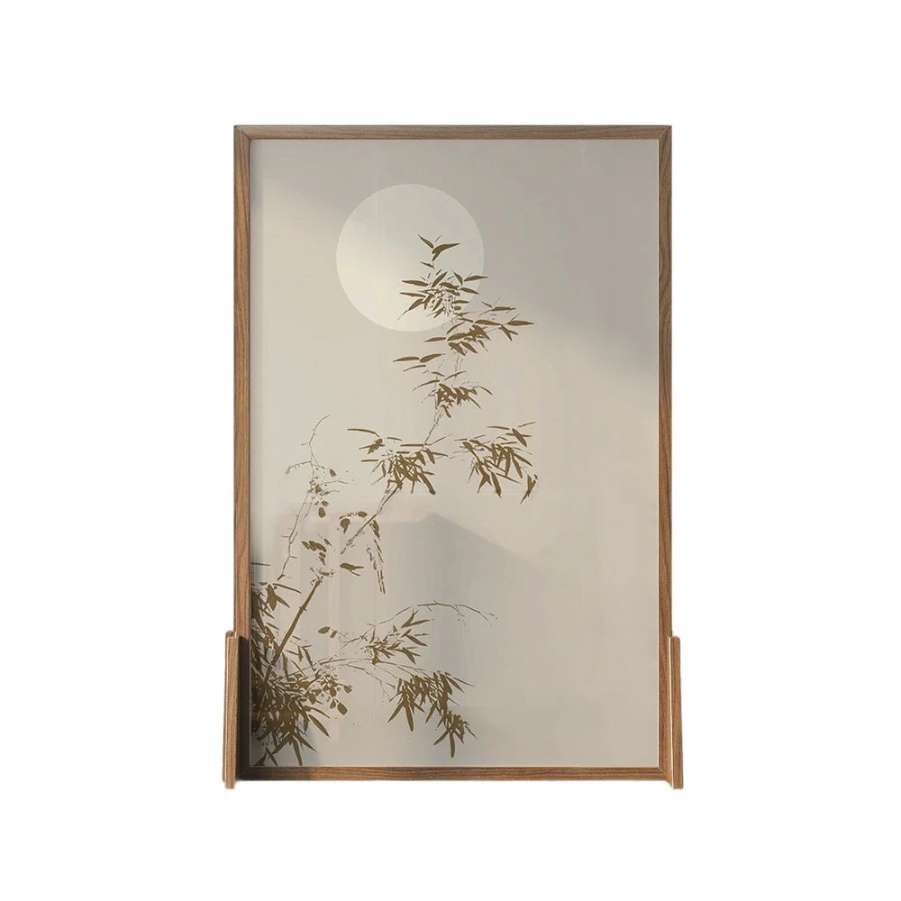 LIVARA Asian Style Solid Wood Privacy Screen, Moonlit Bamboo Shadow Design, No Cutout, Ash & Mongolian Pine Frame