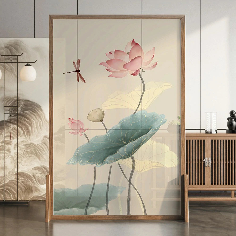 LIVARA Oriental Style Solid Wood Room Divider, Lotus Flower & Dragonfly Design, Ash Wood & Mongolian Pine Frame, Elegant Home Decor