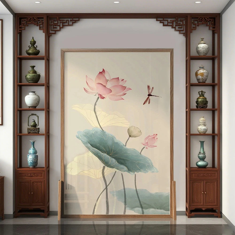 LIVARA Oriental Style Solid Wood Room Divider, Lotus Flower & Dragonfly Design, Ash Wood & Mongolian Pine Frame, Elegant Home Decor