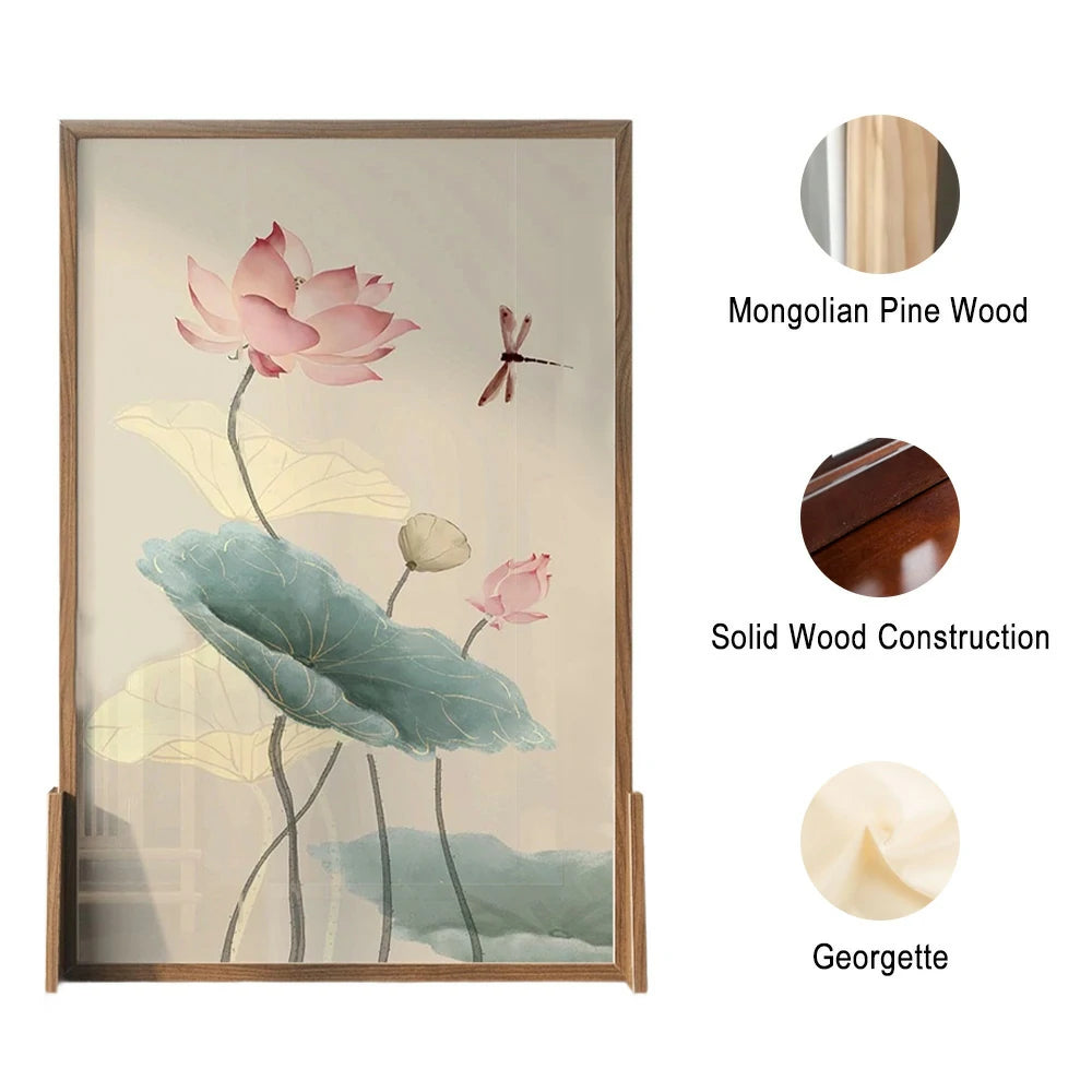 LIVARA Oriental Style Solid Wood Room Divider, Lotus Flower & Dragonfly Design, Ash Wood & Mongolian Pine Frame, Elegant Home Decor