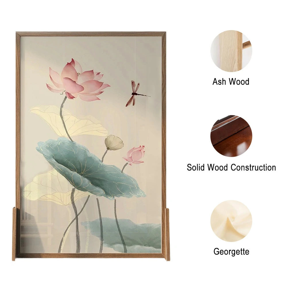 LIVARA Oriental Style Solid Wood Room Divider, Lotus Flower & Dragonfly Design, Ash Wood & Mongolian Pine Frame, Elegant Home Decor