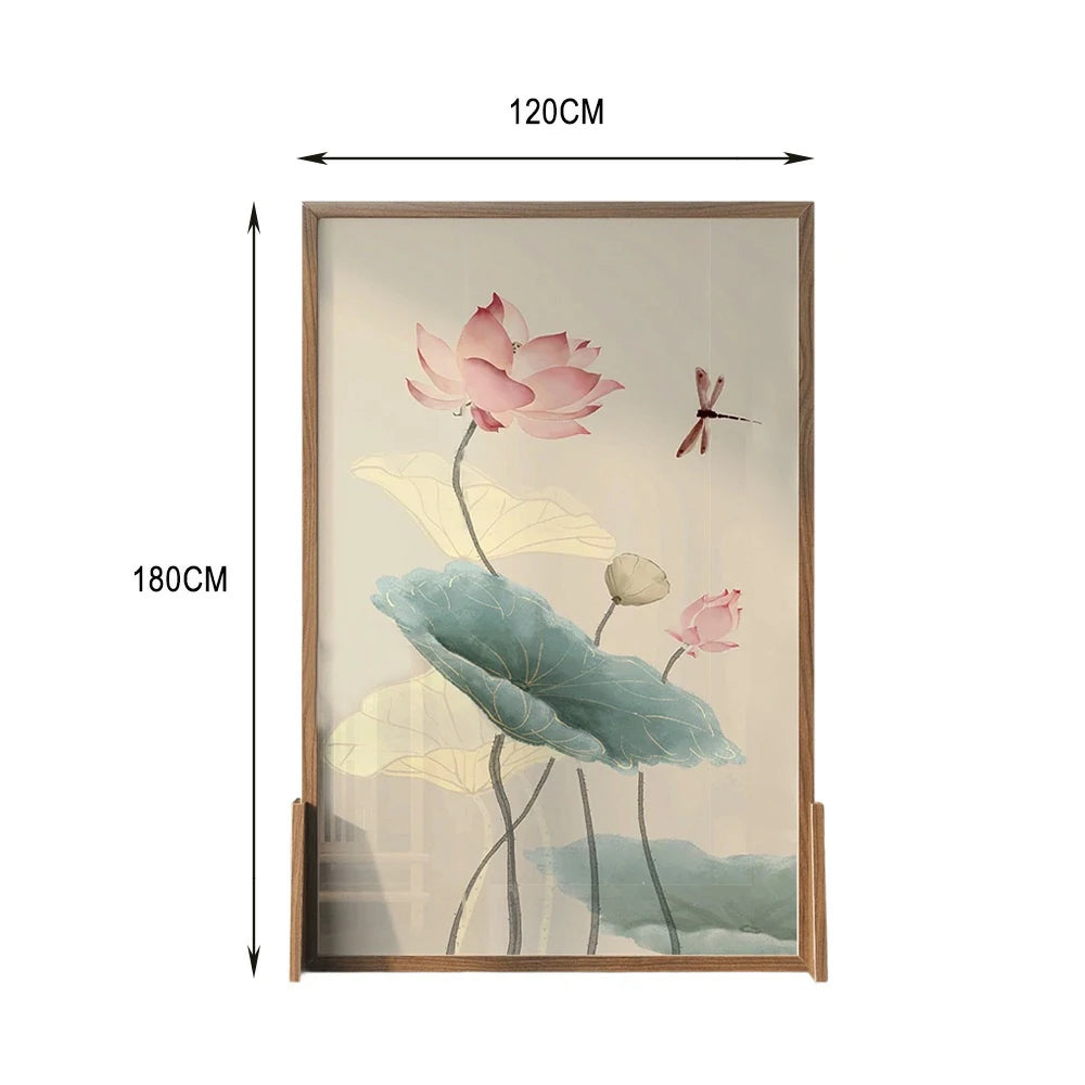 LIVARA Oriental Style Solid Wood Room Divider, Lotus Flower & Dragonfly Design, Ash Wood & Mongolian Pine Frame, Elegant Home Decor