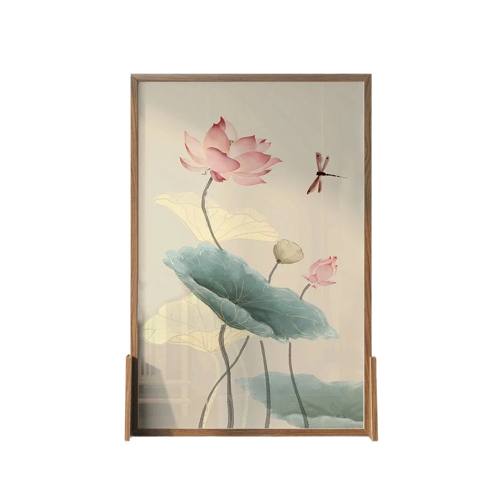LIVARA Oriental Style Solid Wood Room Divider, Lotus Flower & Dragonfly Design, Ash Wood & Mongolian Pine Frame, Elegant Home Decor