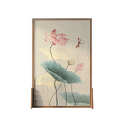 LIVARA Oriental Style Solid Wood Room Divider, Lotus Flower & Dragonfly Design, Ash Wood & Mongolian Pine Frame, Elegant Home Decor