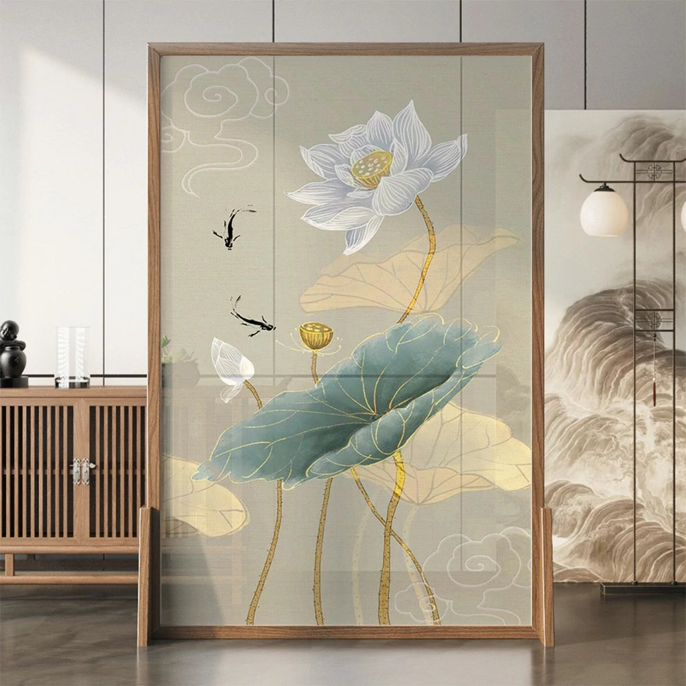 LIVARA Oriental Style Solid Wood Room Divider, Lotus & Fish Design, No Cutout, Ash Wood & Mongolian Pine Frame