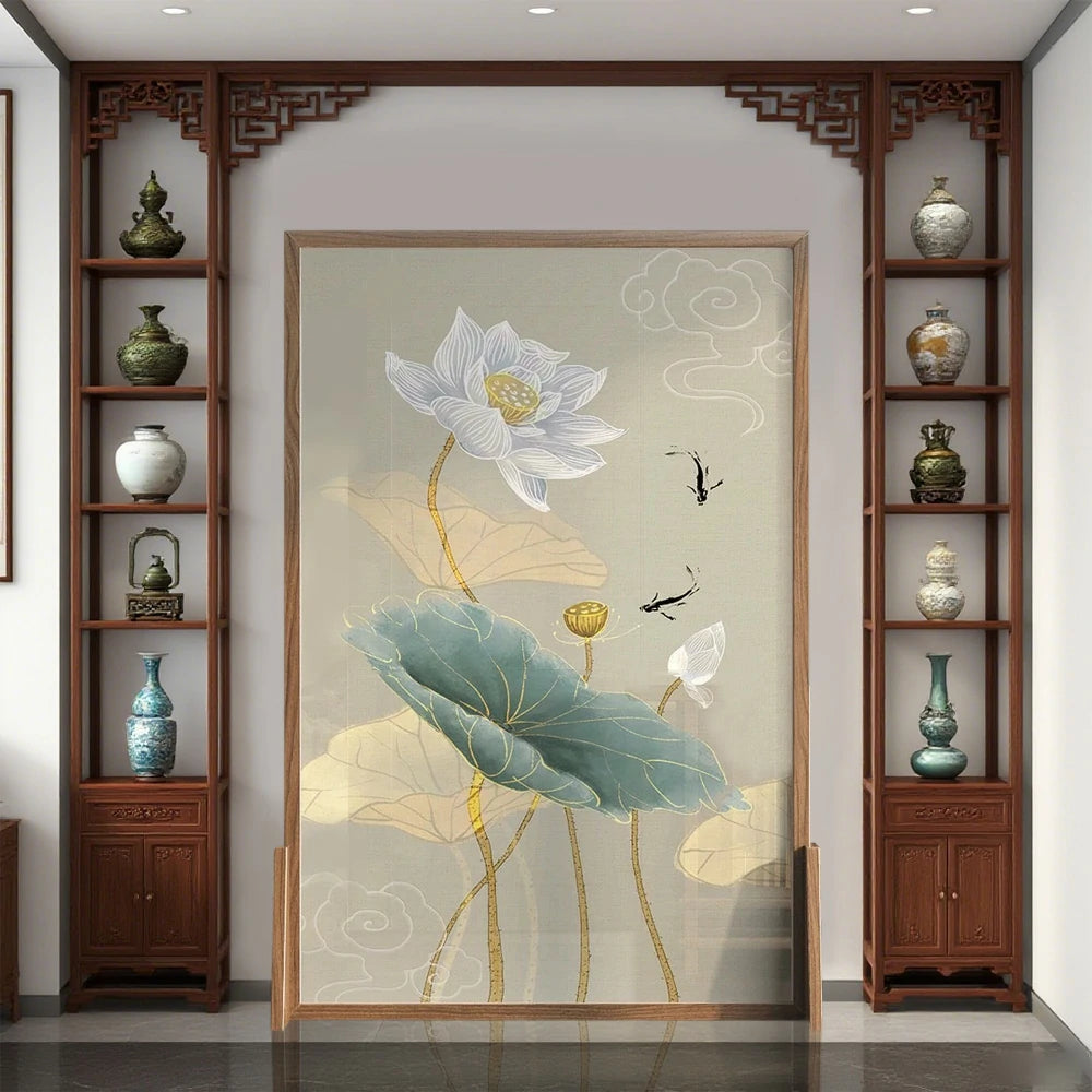 LIVARA Oriental Style Solid Wood Room Divider, Lotus & Fish Design, No Cutout, Ash Wood & Mongolian Pine Frame