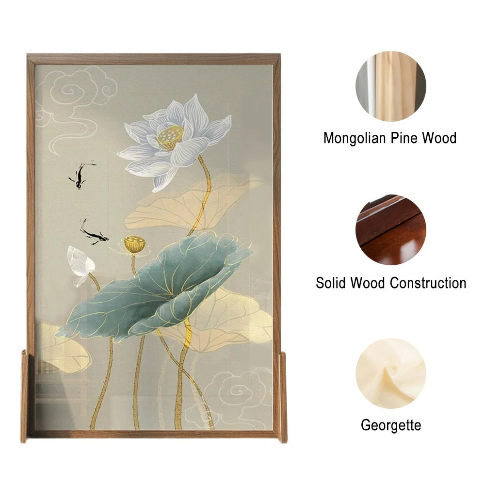 LIVARA Oriental Style Solid Wood Room Divider, Lotus & Fish Design, No Cutout, Ash Wood & Mongolian Pine Frame