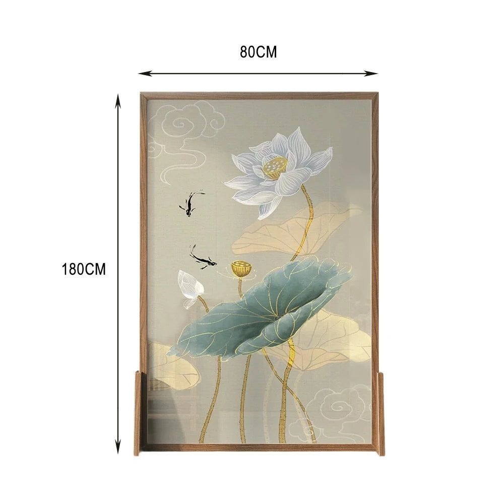 LIVARA Oriental Style Solid Wood Room Divider, Lotus & Fish Design, No Cutout, Ash Wood & Mongolian Pine Frame