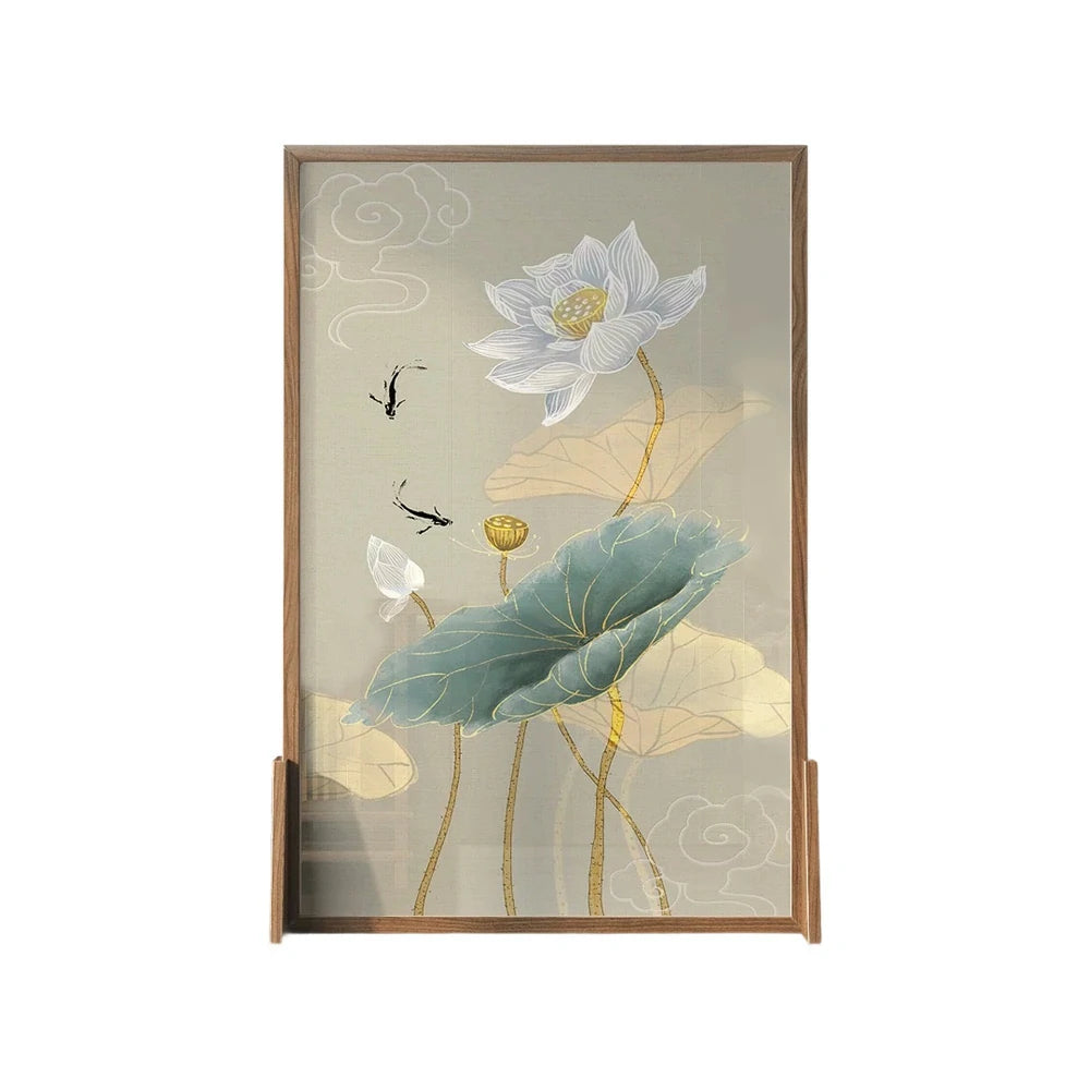 LIVARA Oriental Style Solid Wood Room Divider, Lotus & Fish Design, No Cutout, Ash Wood & Mongolian Pine Frame