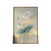 LIVARA Oriental Style Solid Wood Room Divider, Lotus & Fish Design, No Cutout, Ash Wood & Mongolian Pine Frame