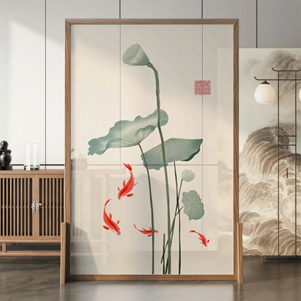LIVARA Oriental Style Solid Wood Room Divider, Lotus Leaf & Carp Design, No Cutout, Ash Wood & Mongolian Pine Frame