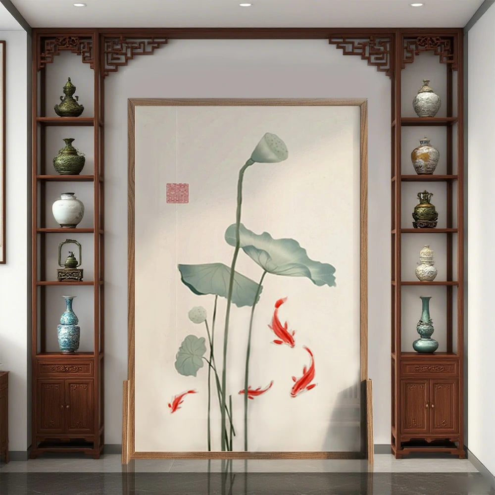LIVARA Oriental Style Solid Wood Room Divider, Lotus Leaf & Carp Design, No Cutout, Ash Wood & Mongolian Pine Frame