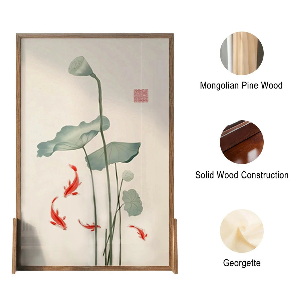 LIVARA Oriental Style Solid Wood Room Divider, Lotus Leaf & Carp Design, No Cutout, Ash Wood & Mongolian Pine Frame