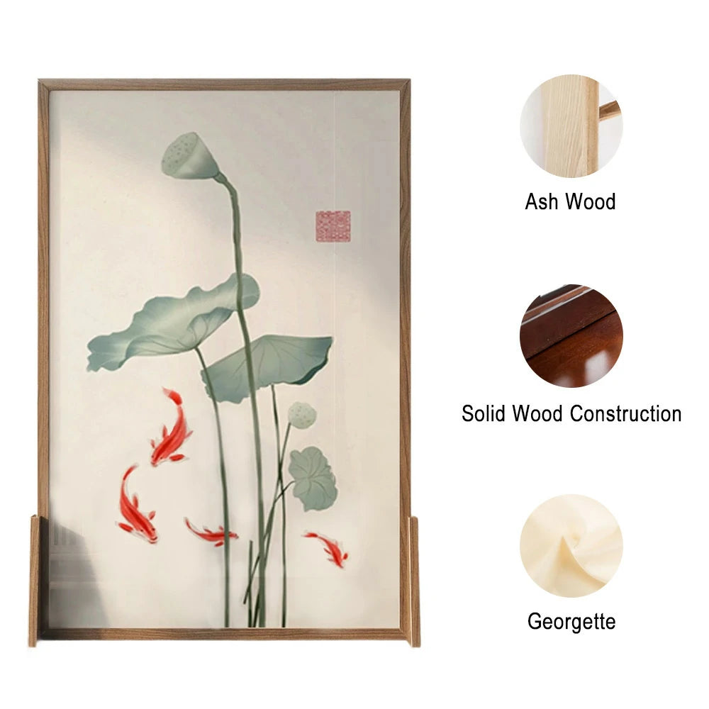 LIVARA Oriental Style Solid Wood Room Divider, Lotus Leaf & Carp Design, No Cutout, Ash Wood & Mongolian Pine Frame