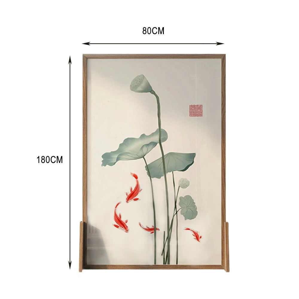 LIVARA Oriental Style Solid Wood Room Divider, Lotus Leaf & Carp Design, No Cutout, Ash Wood & Mongolian Pine Frame